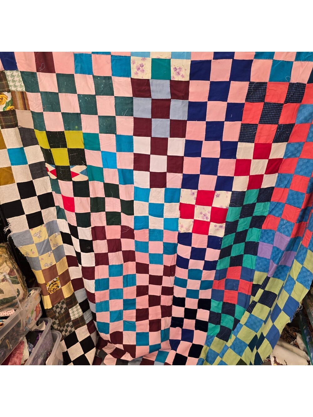 q49 Vintage Handmade Patchwork Quilt  TOP with Multicolor Checkered Pattern